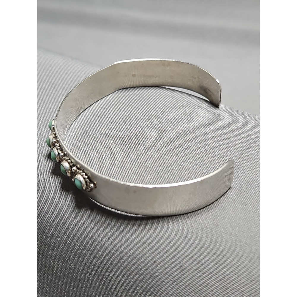 Sterling Petit Point Turquoise Cuff Bracelet 3/8" Vintage Signed MS 925 Mexico - Picture 4 of 8
